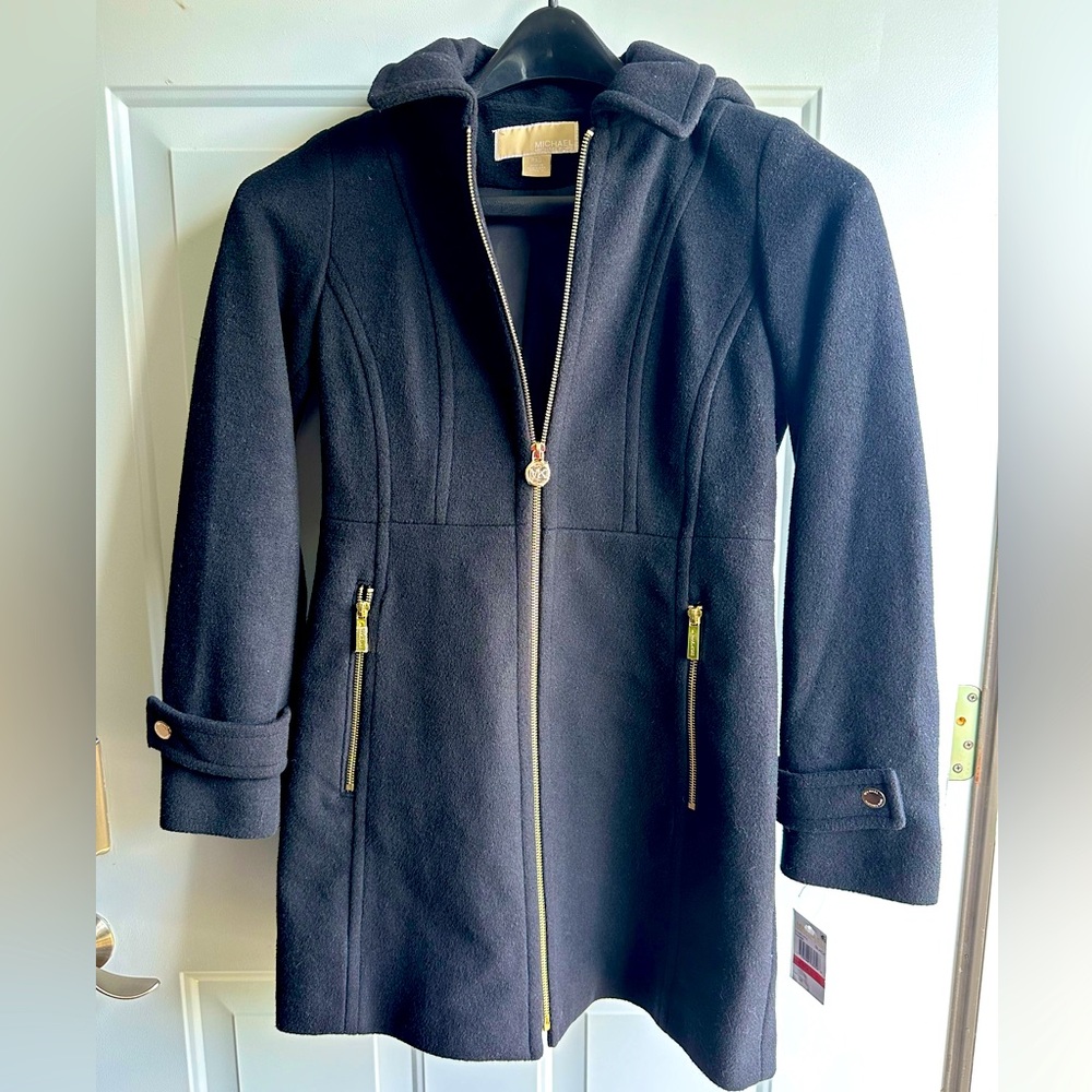 NWT Michael Kors Wool Blend Black Pea Coat Gold Zippers with Hoodie
